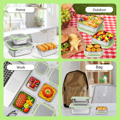 3 Pack Stainless Steel Sandwich Containers with Leak-Proof Lids, BPA-Free Airtight Metal Food Storage Boxes for Lunch, Snacks, Meal Prep – Reusable, Stackable, Dishwasher & Freezer Safe(Green)