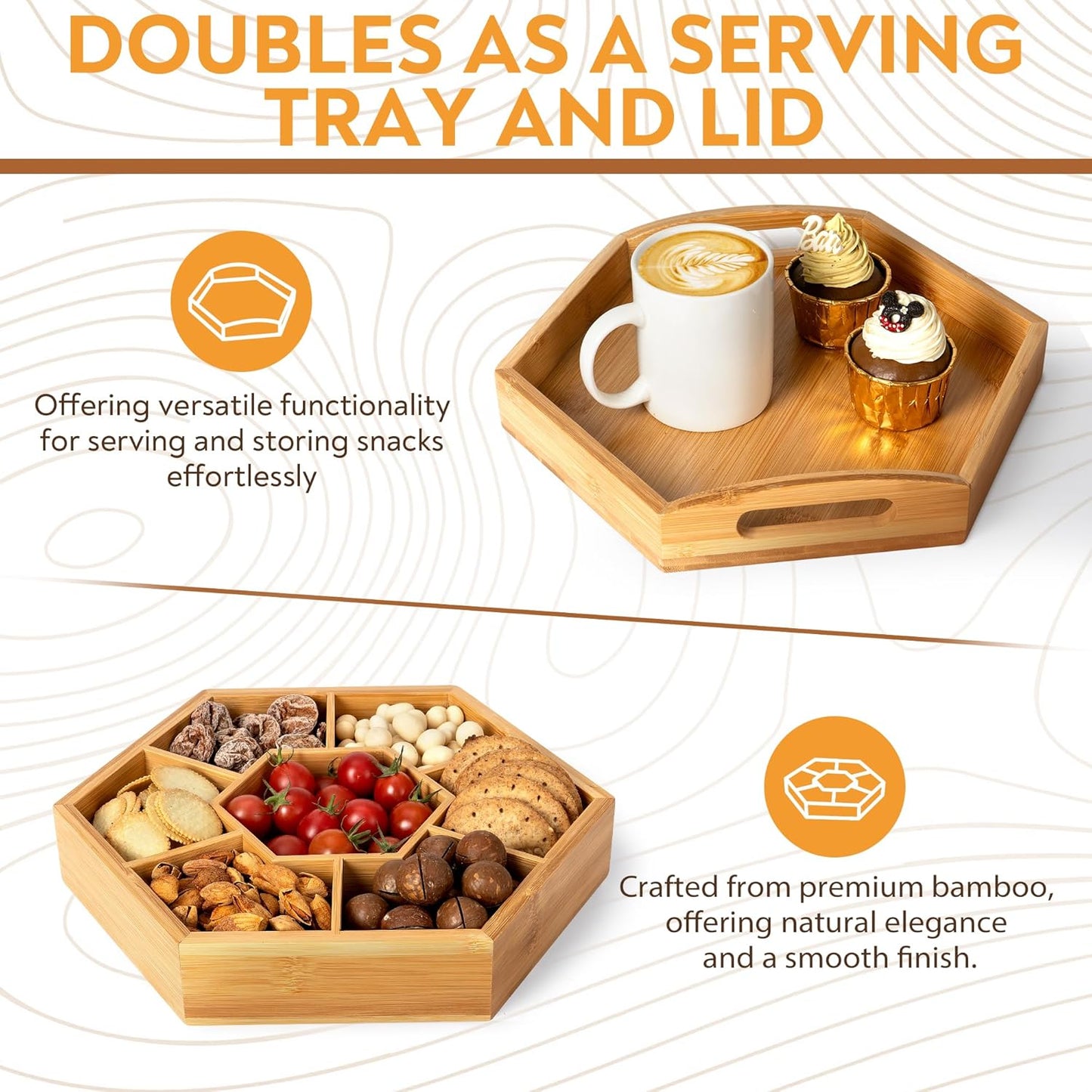 Snack and Serving Tray Set – 13" Divided Bamboo Appetizer Platter for Dry Fruit, Nuts, Cheese and Charcuterie (Bamboo, 13"x11")