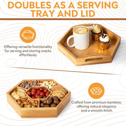Snack and Serving Tray Set – 13" Divided Bamboo Appetizer Platter for Dry Fruit, Nuts, Cheese and Charcuterie (Bamboo, 13"x11")