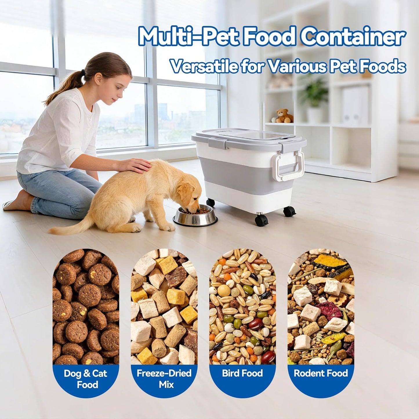 Dog Food Storage Container 20-25lbs, Airtight Pet Food Bin with Locking Lid & Clear Window, Collapsible Rolling Storage Container with Wheels and Scoop, Black