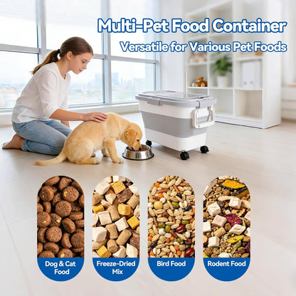 Dog Food Storage Container 20-25lbs, Airtight Pet Food Bin with Locking Lid & Clear Window, Collapsible Rolling Storage Container with Wheels and Scoop, Black