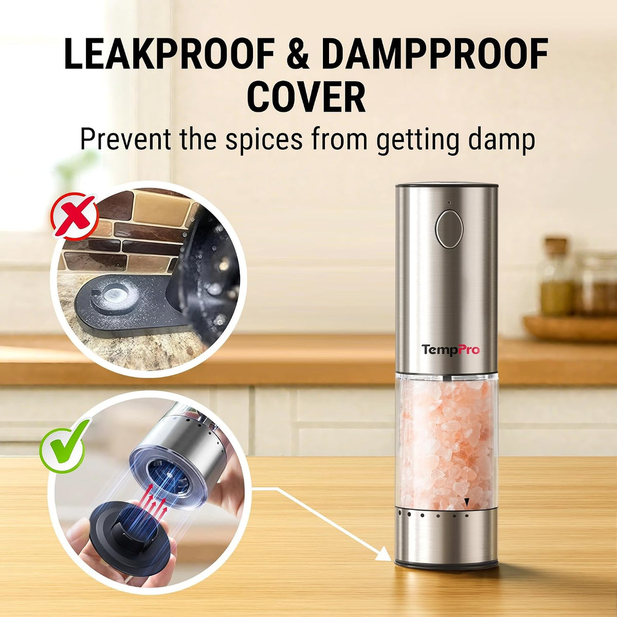 TempPro Rechargeable Electric Salt and Pepper Mill Set with Large Capacity