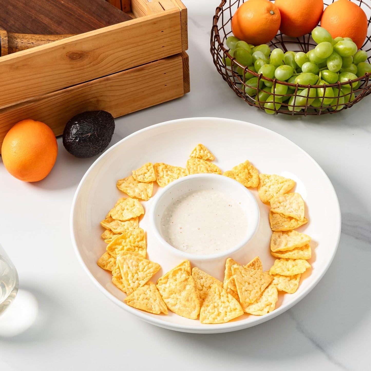 LEHAHA 12.25 inch porcelain Chip and Dip Serving Set, Ceramic Platters for Cheese, Appetizers &Chips Salsa, Fruit and Veggies, Divided Serving Trays for Family Gathering and Parties, Dark Creamy