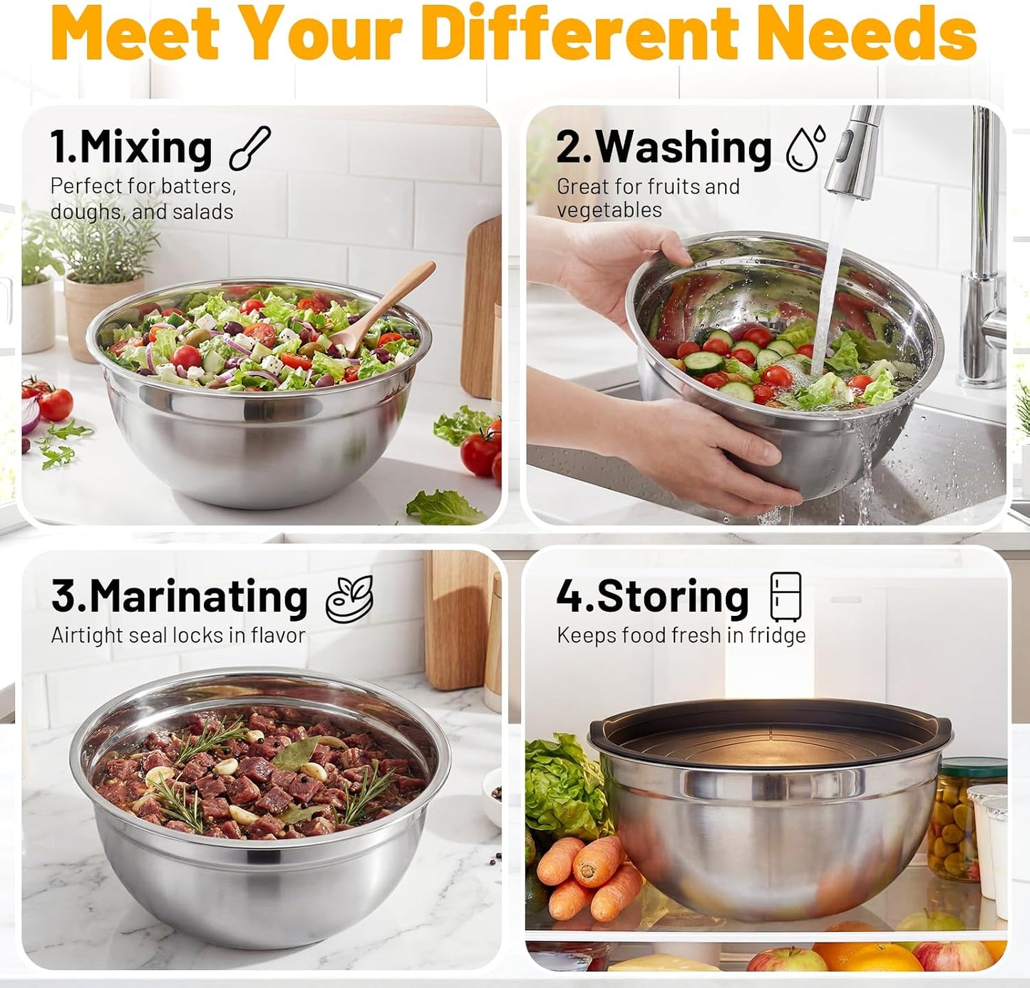 Beasea Stainless Steel Mixing Bowls, 5 Pack 1.5 QT Stackable Nesting Mixing Bowls with Airtight Lids, Metal Bowl with Lid for Baking, Meal Prepping, Salad, Serving, Food Storing