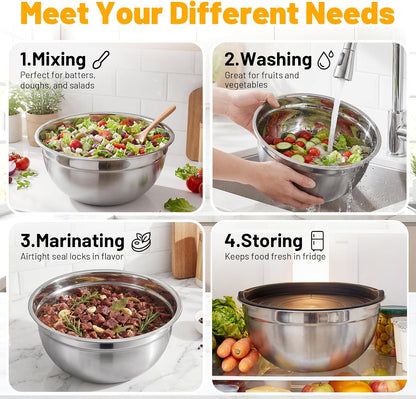 Beasea Stainless Steel Mixing Bowls, 5 Pack 1.5 QT Stackable Nesting Mixing Bowls with Airtight Lids, Metal Bowl with Lid for Baking, Meal Prepping, Salad, Serving, Food Storing