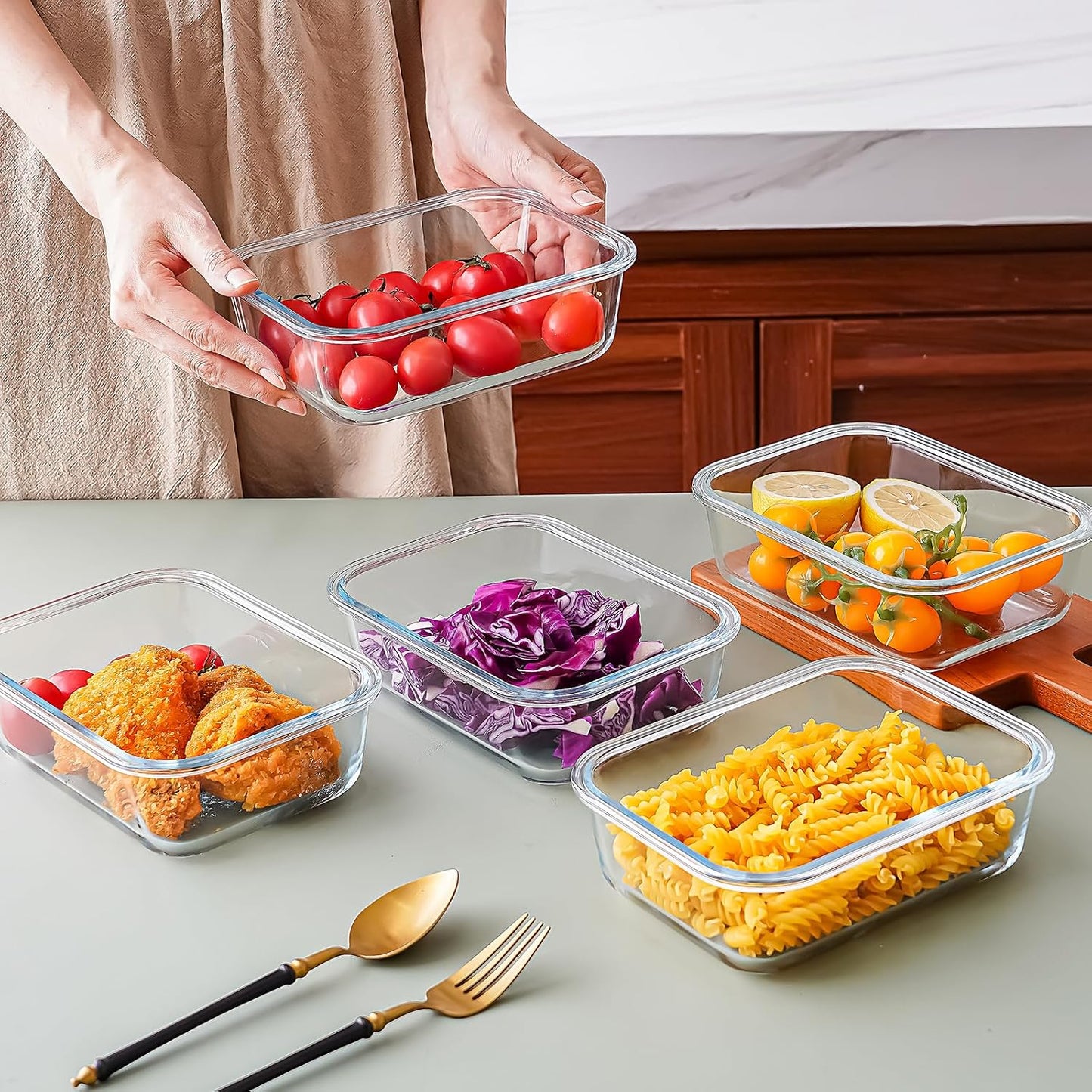 Glass Food Storage Containers with Airtight Lids, 5-Piece Set, Freezer Safe, Microwave Safe, Leak Proof