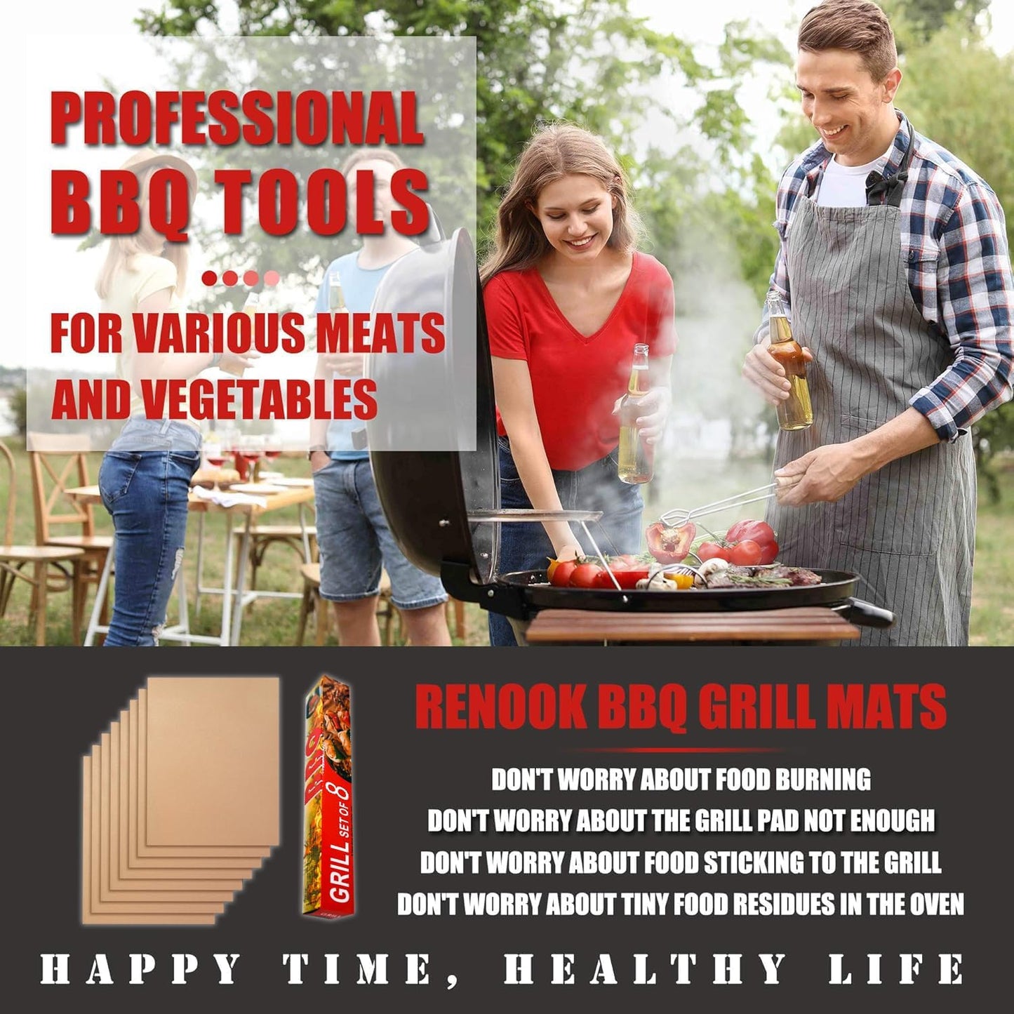 Grill Mat Set of 6-100% Non-Stick Reusable Mats for Gas, Charcoal or Electric Grills - Easy to Clean - 15.75 x 13-Inch, Black