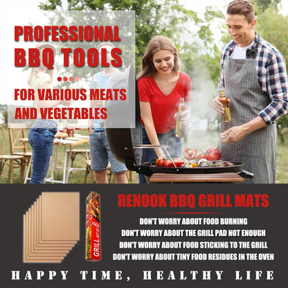 Grill Mat Set of 6-100% Non-Stick Reusable Mats for Gas, Charcoal or Electric Grills - Easy to Clean - 15.75 x 13-Inch, Black
