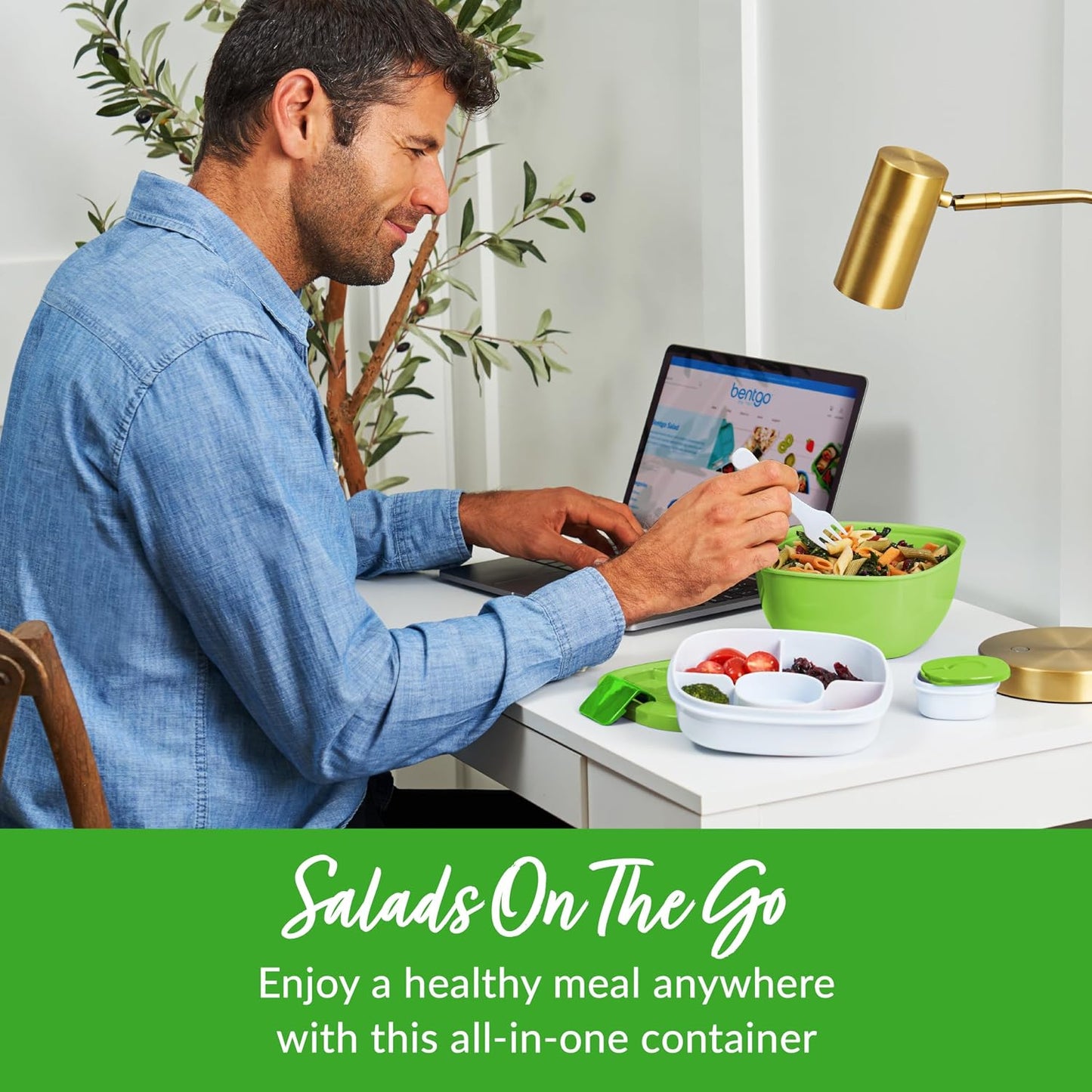 Bentgo Salad Container - 54 oz Bowl with 4-Compartment Toppings Tray, Leak-Proof Dressing Container, Reusable Fork, BPA-Free Lunch Box for Meal Prep & Food Storage; Removable Bento Tray (Khaki Green)