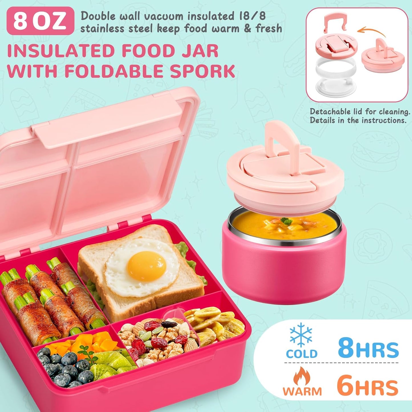 MAXSO Bento Lunch Box Set with 8 oz Soup Thermo, Kids Leakproof 4 Compartments Hot Food Container with Sauce Cup, Ice Pack and Lunch Bag, Child Insulated Food Jar for School - Black