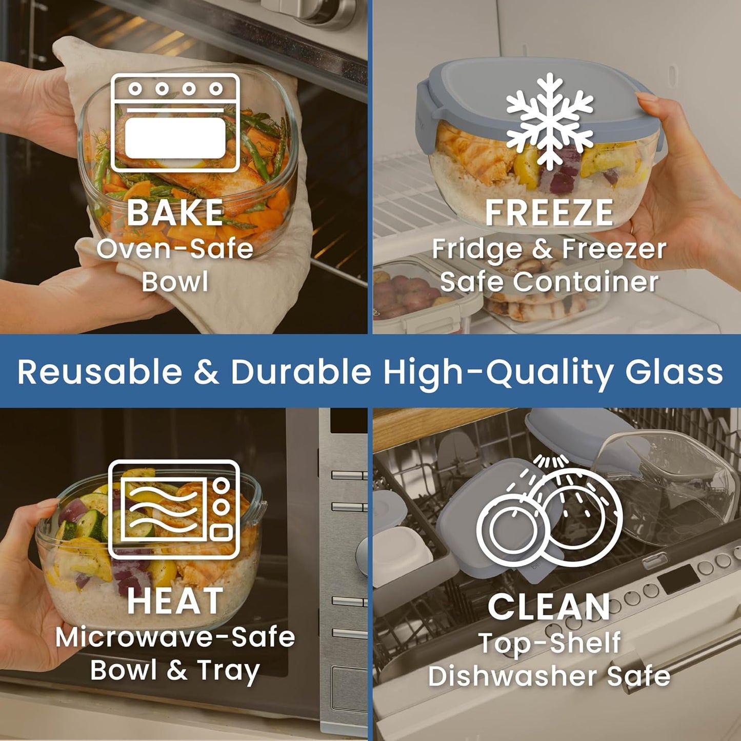 Bentgo Glass Salad Container - 7.6-Cup Salad Bowl with Airtight Lid, Leak-Proof Sauce Container, 4-Compartment Bento Tray & Reusable Fork - BPA-Free for Meal Prep, Office & More (Light Blue)