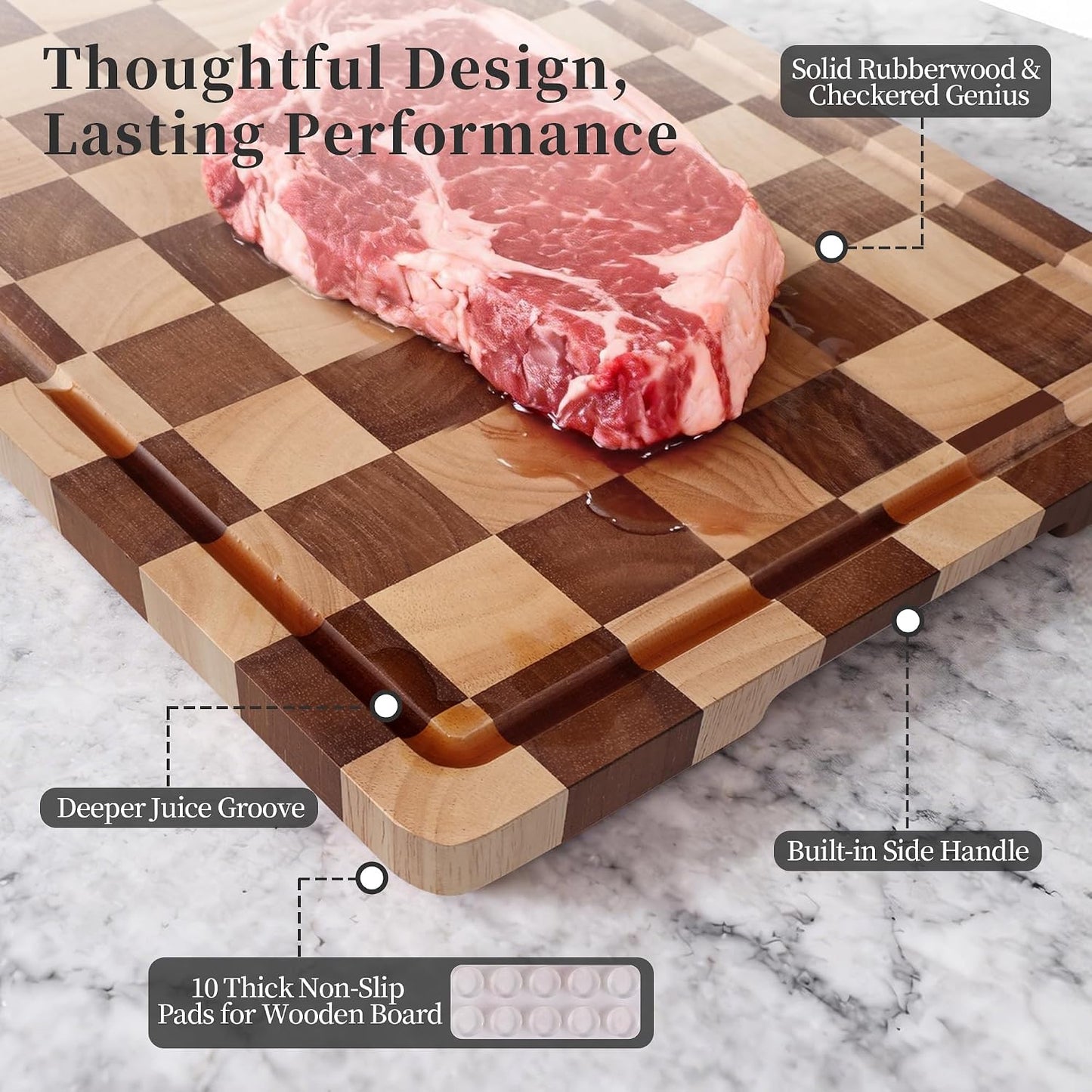 WILLKOMMEN Checkered Cutting Board Set, 3-Piece Wood Checkerboard End Grain Chopping Boards with Holder & Juice Groove Wooden Kitchen Cutting Board for Cooking and Serving (S, M, L)