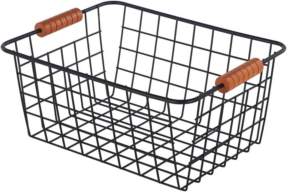JUNCHU CHERRY Wire Kitchen Storage Basket 4 Packs,Perfect Pantry Organization Accessories Baskets,Laundry Basket,With a Wooden handle,Suitable for Kitchen,Bathroom,Bedroom,Tabletop,Stackable,Black