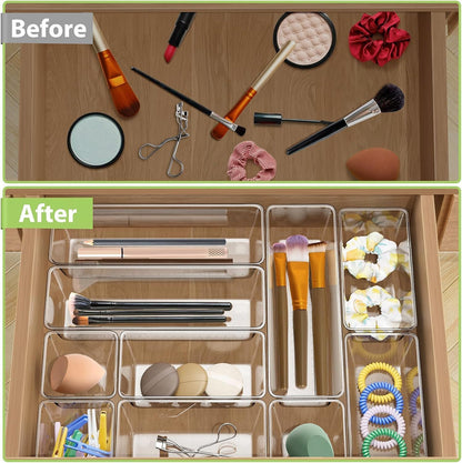 12 Pack Clear Drawer Organizer Set, 3 Sizes Bathroom Vanity Organizer Trays | Vanity and Makeup Organizer | Bathroom Organizer Trays | Storage Bins For Makeup | Cosmetics | Jewelry | Gadgets
