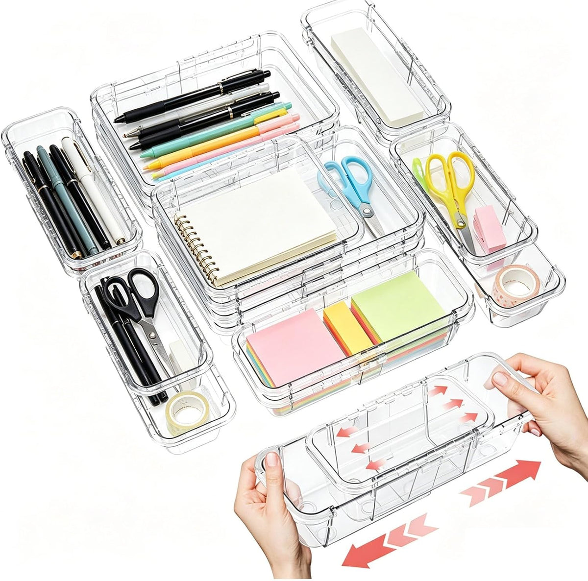 15-Piece Expandable Drawer Organizer Set, Clear 2-Size Bins | 15-piece set, clear expandable bins, 2 sizes, for makeup, vanity, desk and kitchen drawers