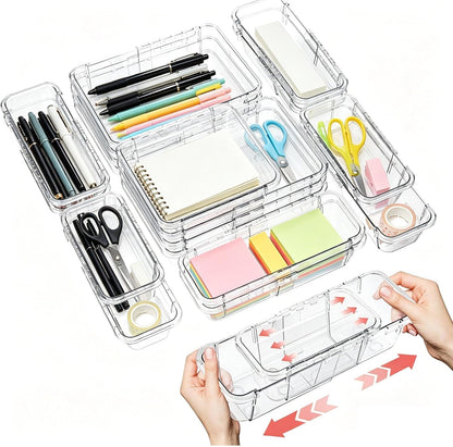 15-Piece Expandable Drawer Organizer Set, Clear 2-Size Bins | 15-piece set, clear expandable bins, 2 sizes, for makeup, vanity, desk and kitchen drawers
