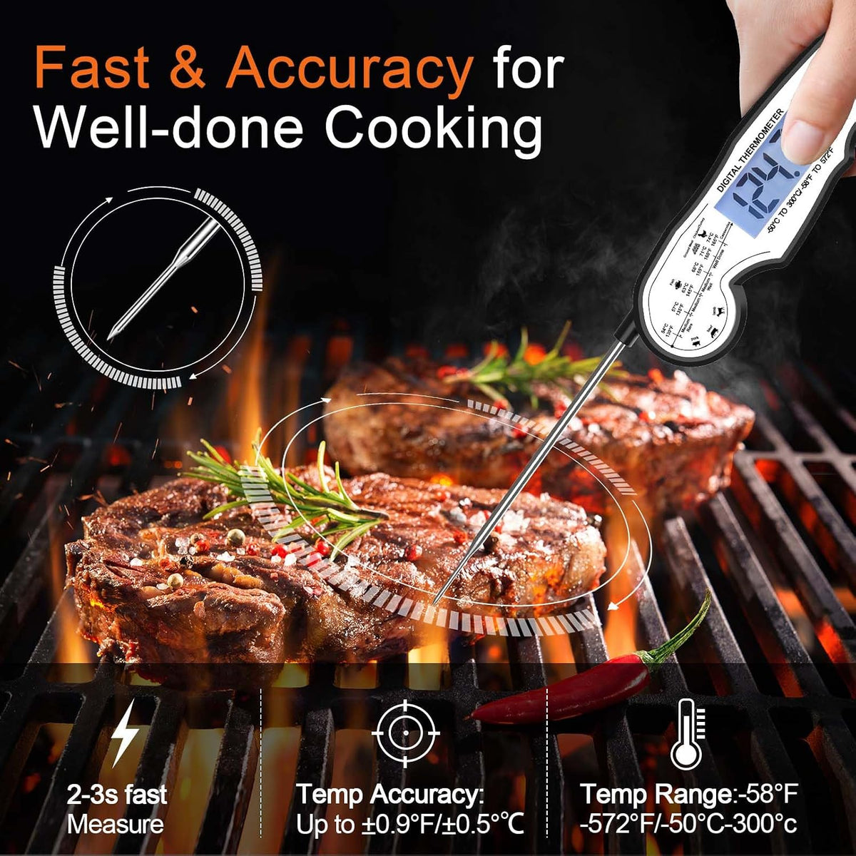 Meat Thermometer Digital for Grilling and Cooking - ANDAXIN Waterproof Ultra-Fast Instant Read Food thermometers with Backlight & Calibration for Kitchen, Deep Fry, BBQ, Grill(Red/Black), LCD