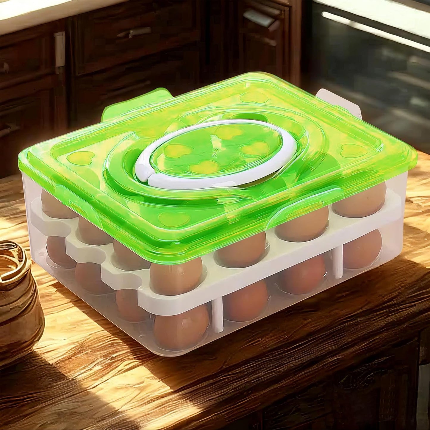 Ortable Large Capacity Double-layers Egg Storage Container Holds 24 Eggs Shatter-proof Non-slip Eggs Holder with Handle (Purple)