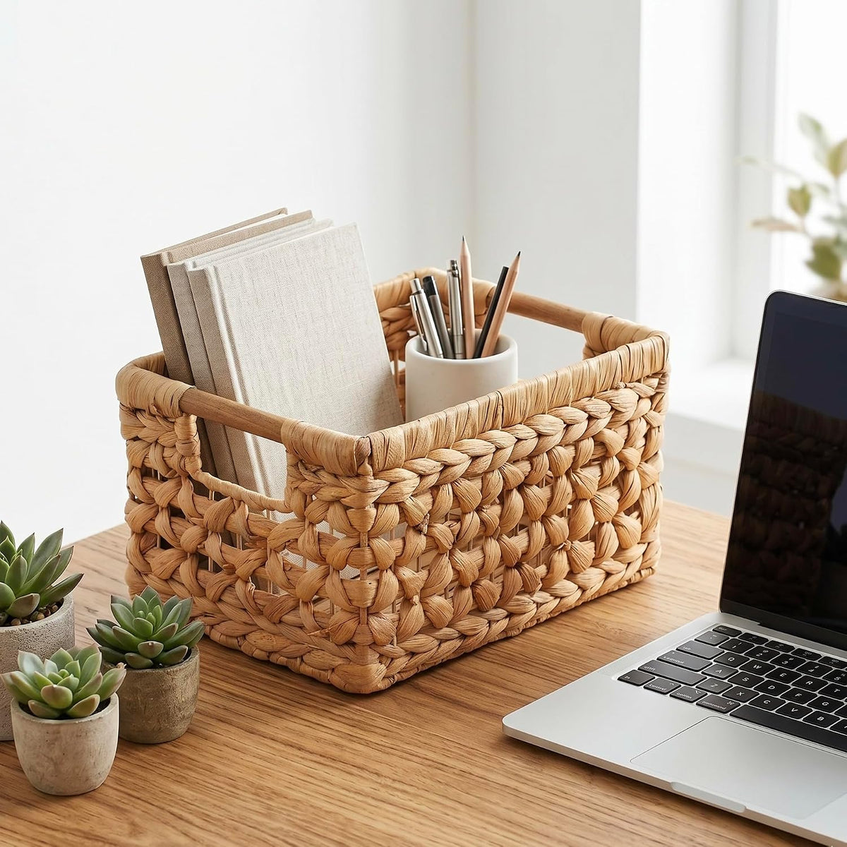 NAYA 11.6" Water Hyacinth Medium Wicker Shelf Basket – Storage Bin | Handwoven water hyacinth shelf basket with sturdy handles for pantry, towels and everyday home organization.