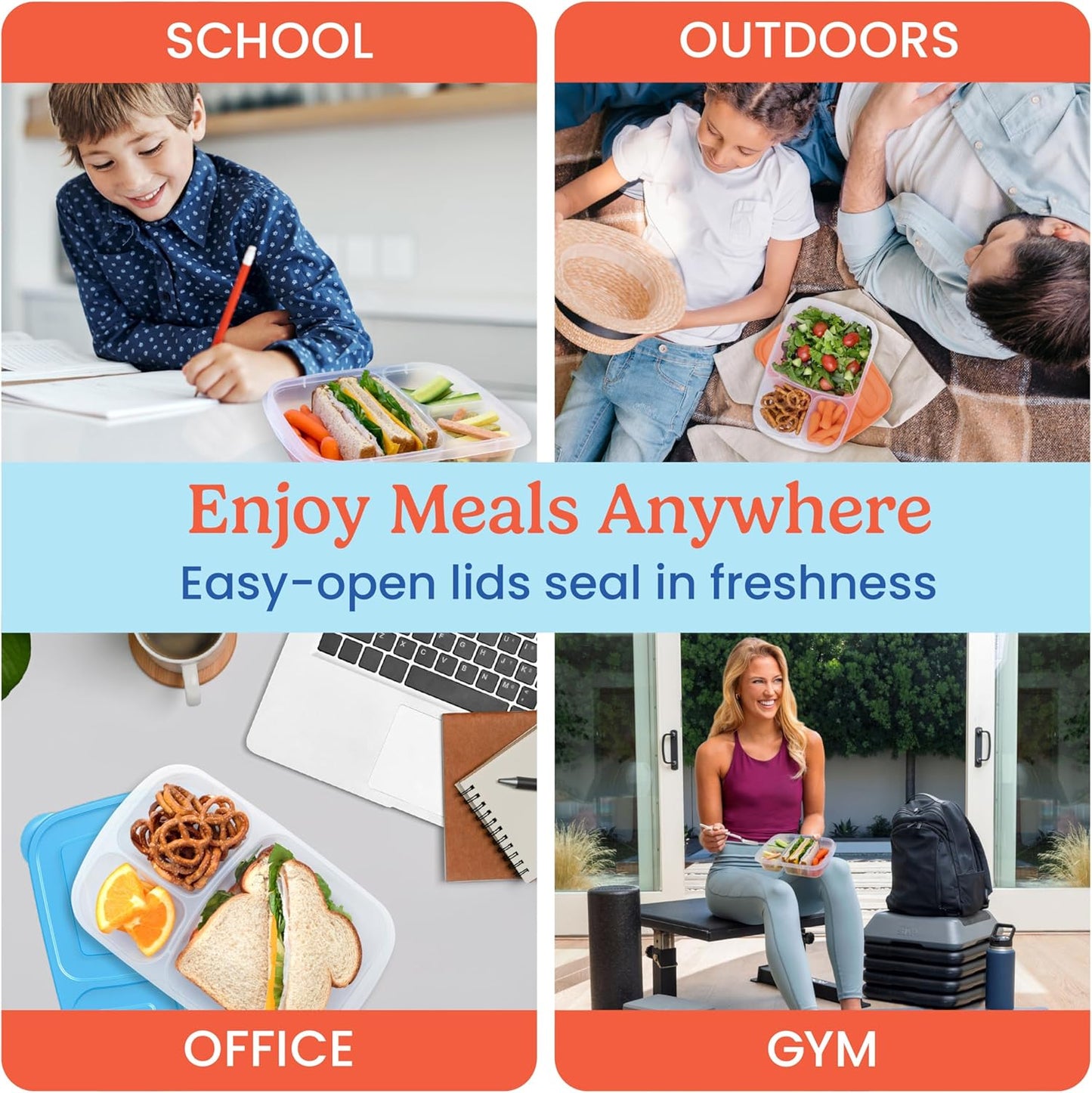 Bentgo Easyboxes - Original Stackable Lunch Boxes - Reusable 3-Compartment Food Containers for Kids and Adults - Bento Lunch Box for Meal Prep, School, & Work - BPA Free, Set of 4 (Earth Tones)