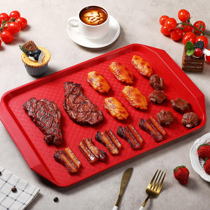 DoubleFill Set of 4 Grilling Prep and Serve Trays, 17x12 Inch 14x10 Inch Large BBQ Platter for Raw and Cooked Food Plastic Grill Tray, Black and Red Stackable Defrosting Grill Prep and Carry System