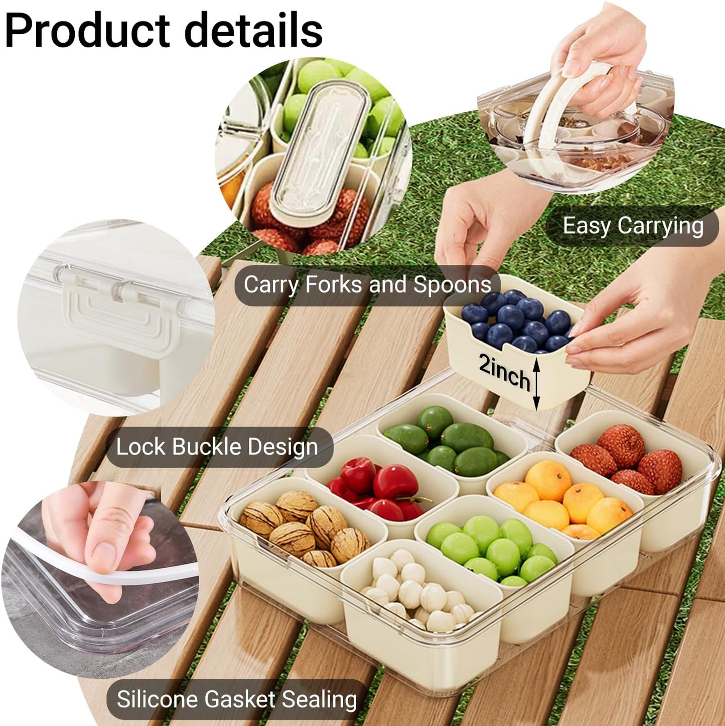 Large Divided Serving Tray with lid and handle Travel snack container Portable snackle box container for fruit, Party, Picnic -10 compartment with 3 forks and 2 spoons