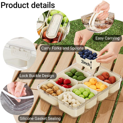 Large Divided Serving Tray with lid and handle Travel snack container Portable snackle box container for fruit, Party, Picnic -10 compartment with 3 forks and 2 spoons