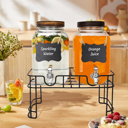 Glass Drink Dispensers For Parties, 2 PACK 1 Gallon Beverage Dispenser With Stand And Spigot Leak proof. Lemonade Dispenser With Ice Cylinder and Chalk board