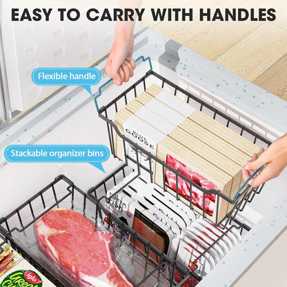 SUNALLY Freezer Organizer Bins, 4 Pack Chest Freezer Organizer Stackable for 5-7 Cu.FT Deep Freezer Sort Frozen Meats and Food, Freezer Storage Baskets with Handles Easy Reach from Bottom, White