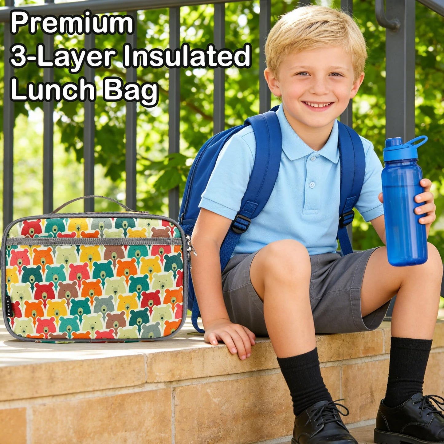 FlowFly Kids Lunch box Insulated Soft Bag Mini Cooler Back to School Thermal Meal Tote Kit for Girls, Boys, Black