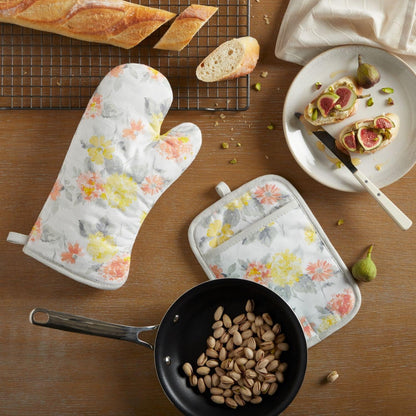 Martha Stewart Amber Floral Oven Mitt & Pot Holder Set 2-Pack, Blue/Green, OM: 7"x13" & PH: 7"x10"