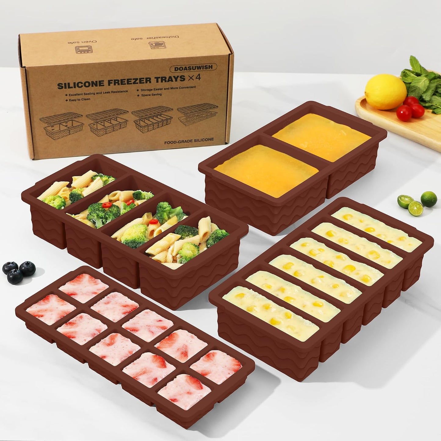 Silicone Freezer Trays with Lid (4-Pack), 1-Cup, 2-Cup, 1/2-Cup & 2-Tbsp Silicone Freezer Molds, Stackable Soup Freezer Meal Prep Containers,Ice Cube Tray for Making Sauce,Smoothies,Yogurt Bites