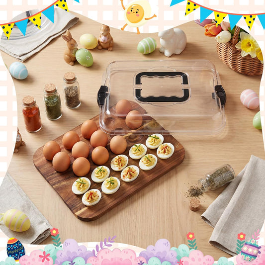 Baderke Easter Acacia Wood Deviled Egg Platter with Lid 24 Holes 15 x 11.3 Inch Deviled Egg Tray Reversible Wooden Charcuterie Board Serving Containers for Home Countertop Party Kitchen