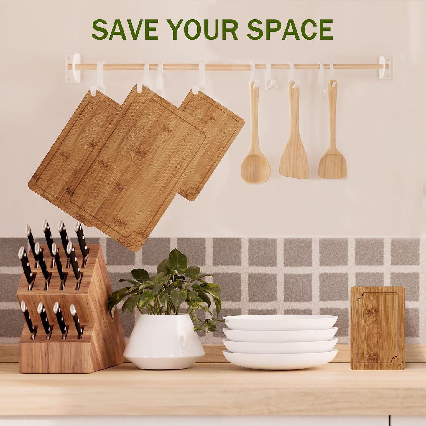 Bamboo Cutting Boards for Kitchen, Wood Cutting Board Set with Juice Grooves & Built-in Handles, Large Medium Small Chopping Board for Meat, Vegetables, Fruit