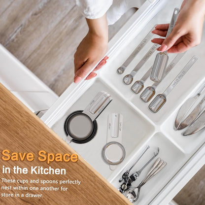 Magnetic Measuring Cups and Spoons Set, 5 Nesting Stainless Steel Measuring Cup Set with Easy to Read Markings, 7 Magnetic Measuring Spoons & 1 Leveler for Measuring Dry or Liquid Ingredients