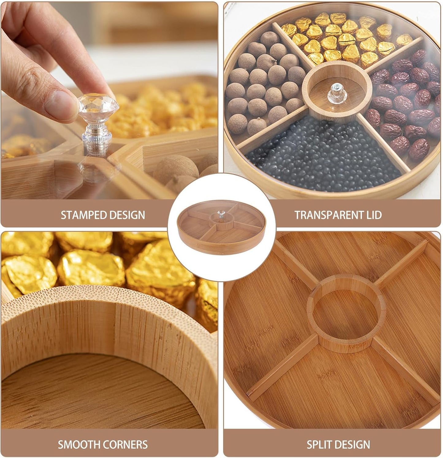 Bamboo Snack Tray with Lid - 4 Compartment Fruit Plate for Serving Dried Fruits, Nuts, Snacks - Wooden Tray for Food Storage Home Use, 11.81 X 11.81 X 1.57 Inches
