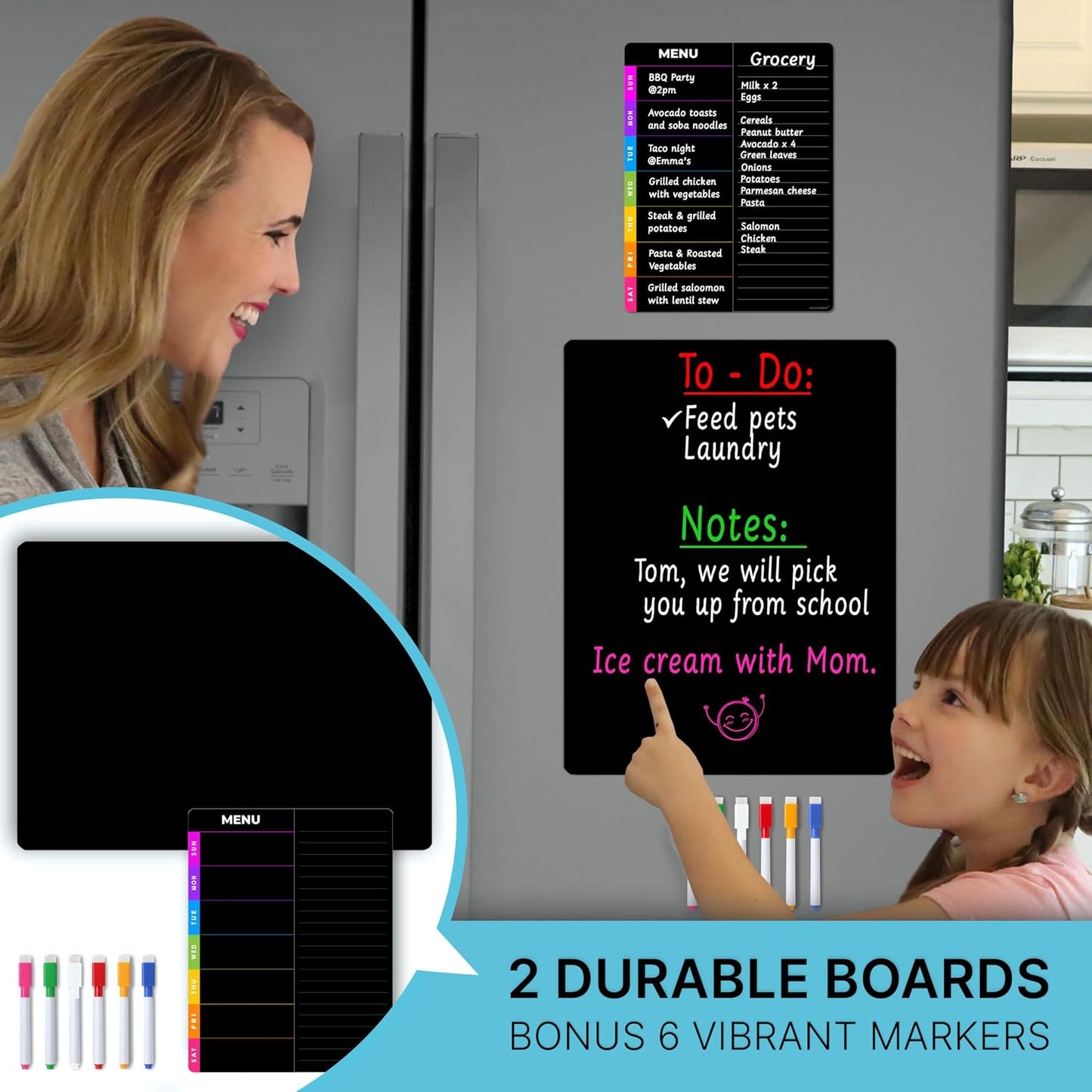 Magnetic Blackboard for Fridge - Dry Erase Black Board for Home, Office & Classroom (11.5" x15”), Menu Board for Kitchen Fridge - Family Meal Planner (7" x9”) - 6 Fine Tip Magnetic Markers & Eraser
