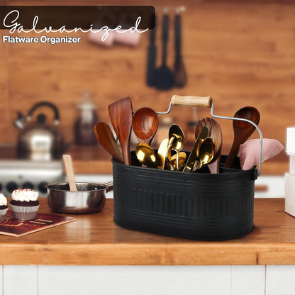 Alpha Living Home Galvanized Metal Utensil Caddy - Rustic Farmhouse Organizer Metal Garden Caddy with 4 Compartments and Wooden Handle for Kitchen, Buffet & Outdoor Events (Silver)