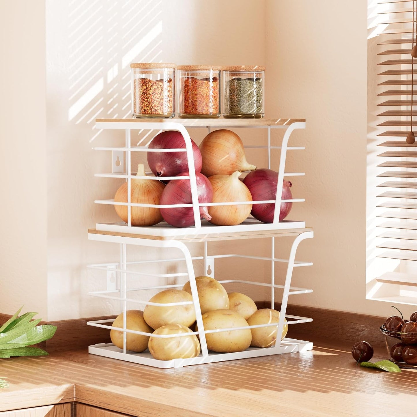 2 Pack Potato and Onion Storage Bins, Stackable Kitchen and Pantry Organizer with Bamboo Top & Lightweight PP Mat, for Vegetables, Fruit, Onion, Potato, Garlic - Pantry, Kitchen Storage Bins (Black)