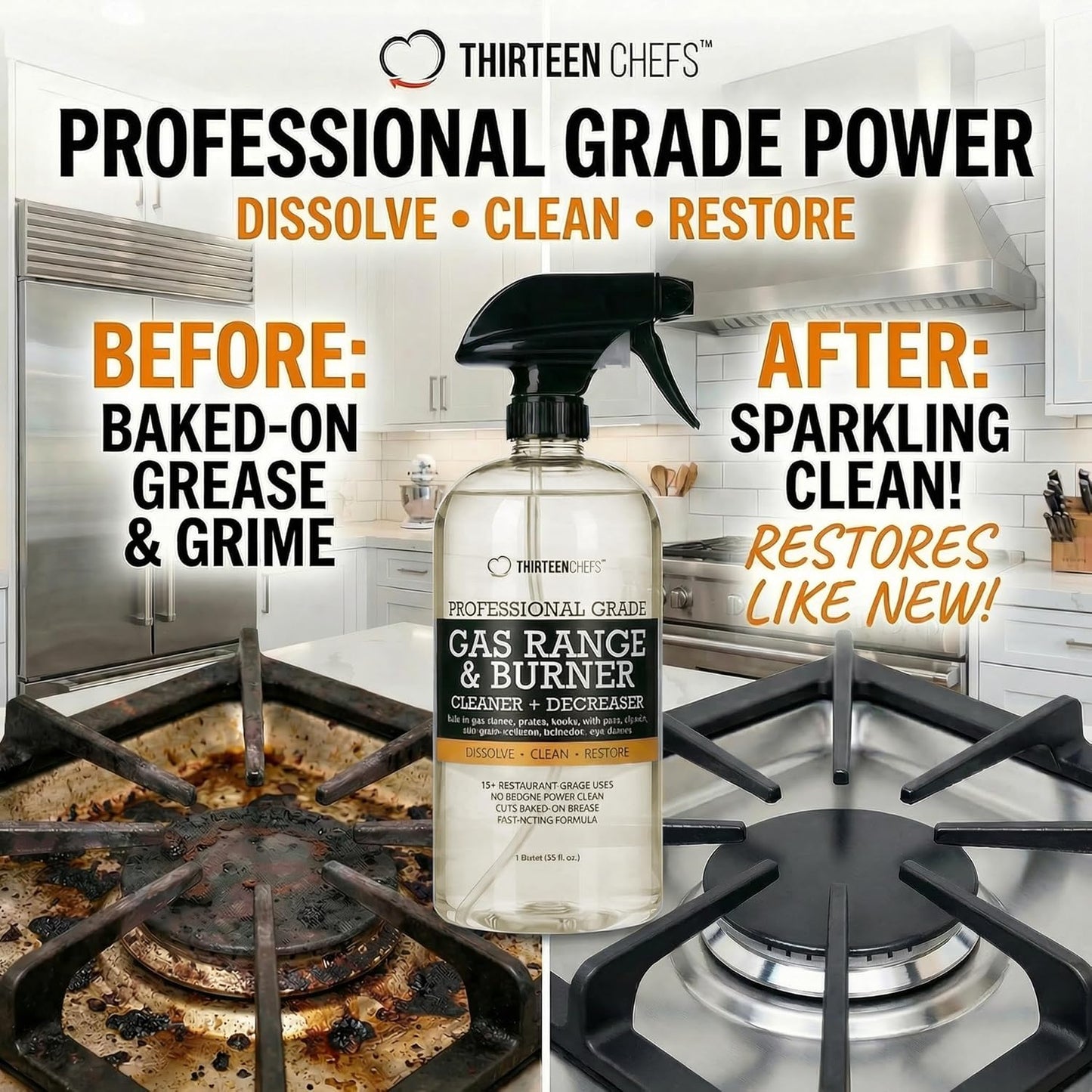 Thirteen Chefs Gas Range Cleaner and Degreaser - Stove Grates, Grills, Oven Glass and Door - Cuts Through Baked on Food (16oz)