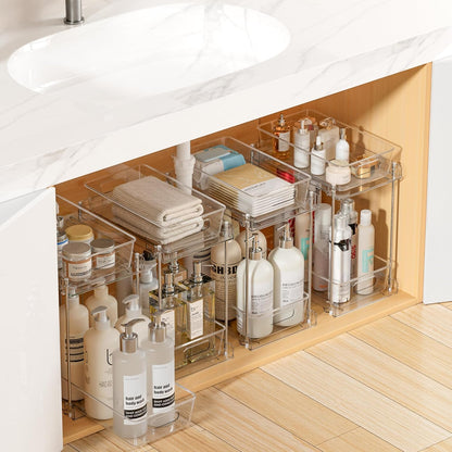 Vtopmart 4 Pack Bathroom Under Sink Organizers Organizer, 2 Tier Clear Pull-Out Organization (S-Standard)