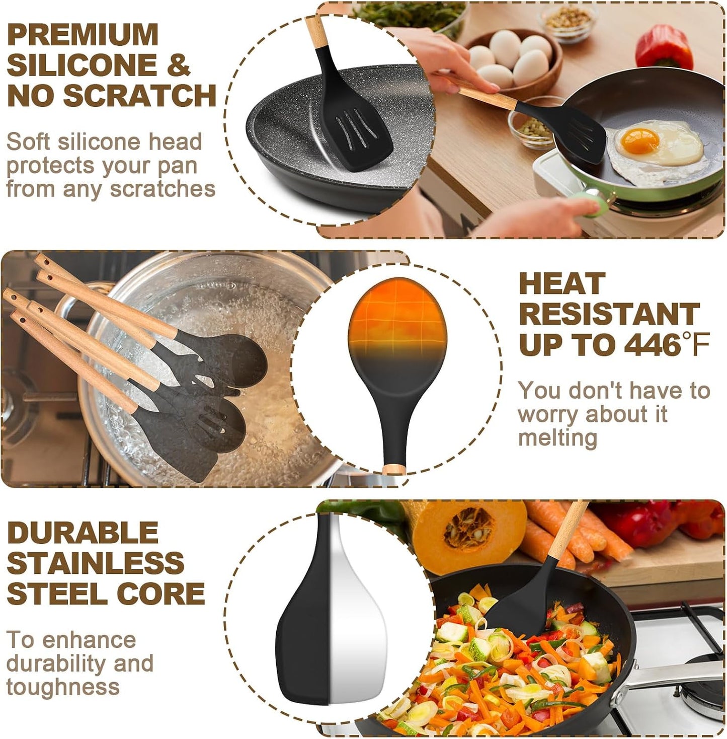 Kitchen Utensils Set, AIKKIL16 Pcs Cooking Utensils Set with Holder, Heat Resistance, Black Wooden Handle Silicone Kitchen Gadgets Utensil Set for Nonstick Cookware