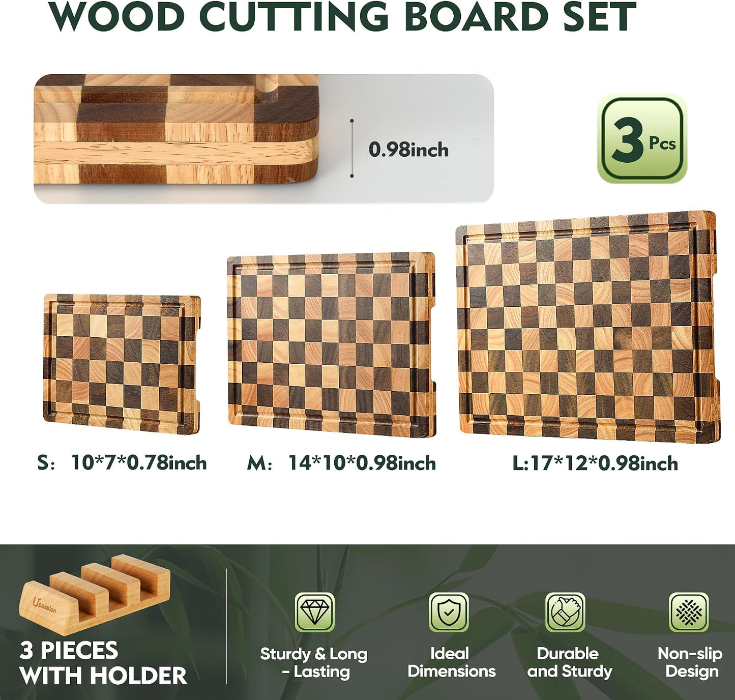Heavy Duty Bamboo Cutting Board Set 3 Pack Non Toxic Juice Groove Charcuterie Board Book Wood Cutting Boards for Kitchen Solid End Grain Wood Chopping Board Large Butcher Block