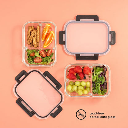 JoyJolt Divided 3 Compartment Glass Meal Prep Bento Box Set. 5 Pack Airtight Food Storage Containers with Lids for Portion Control and Weight Loss