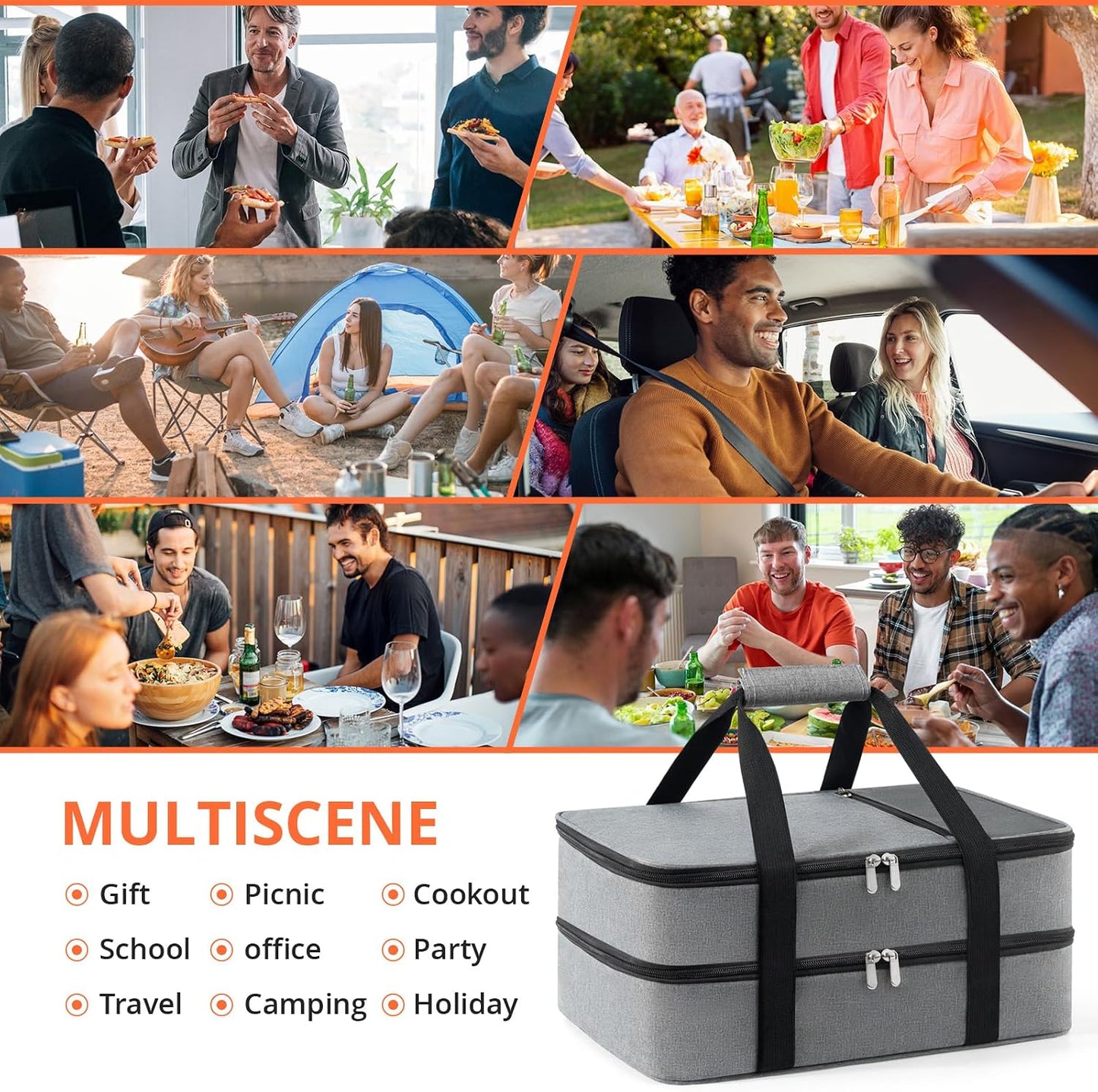 Insulated Casserole Carrier for Hot or Cold Food,Pie Carrier Bag Lunch Tote for Potluck Parties/Picnic/Cookouts, Fits 9"x13" Baking Dish,Grey