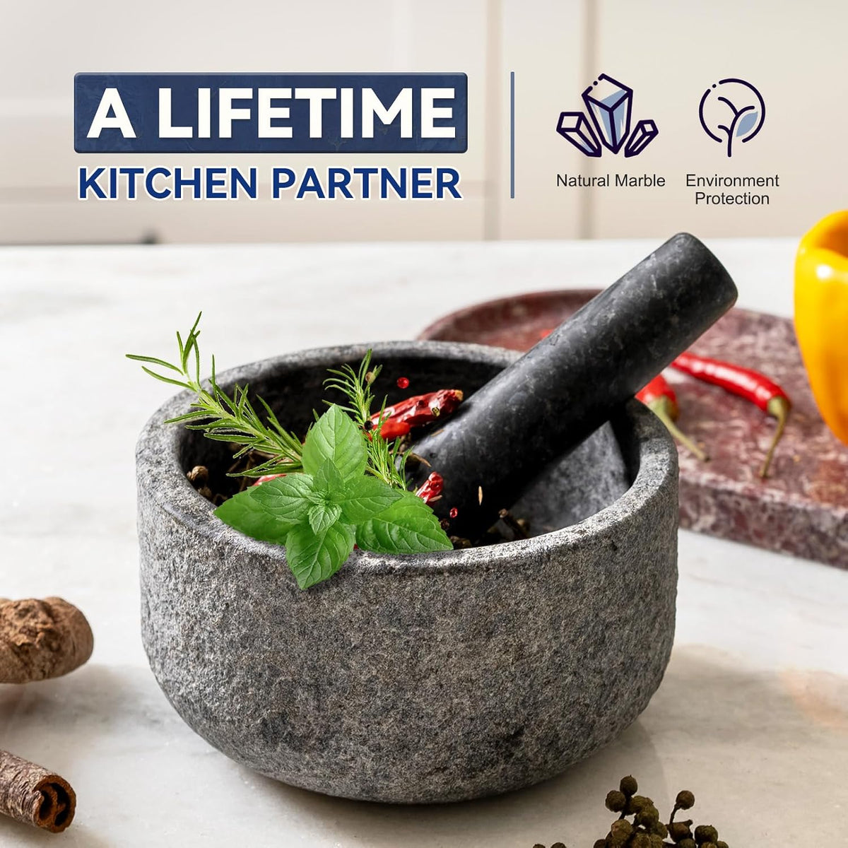 Koville Luxury Marble Mortar and Pestle Set, 7"-4cups Grinder Bowl for Guacamole, Salsa, Pill Crusher, Spice, Herb, Garlic, Nut, Heavy Duty Grinder for Kitchen