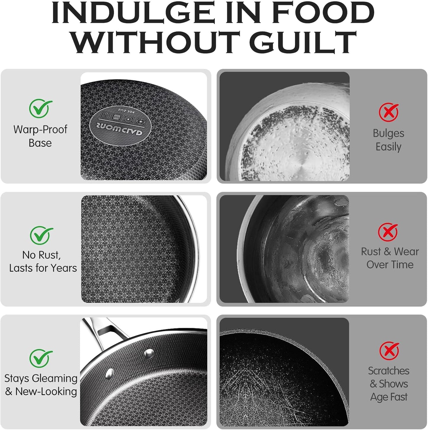 SNOWCLAD Pots and Pans Set Non Stick, 14 Pcs Hybrid Stainless Steel Cookware Sets, Non Stick Frying Pans, Saucepans, Saute Pan & Stock Pot, PFOA Free Kitchen Skillet,Induction Compatible