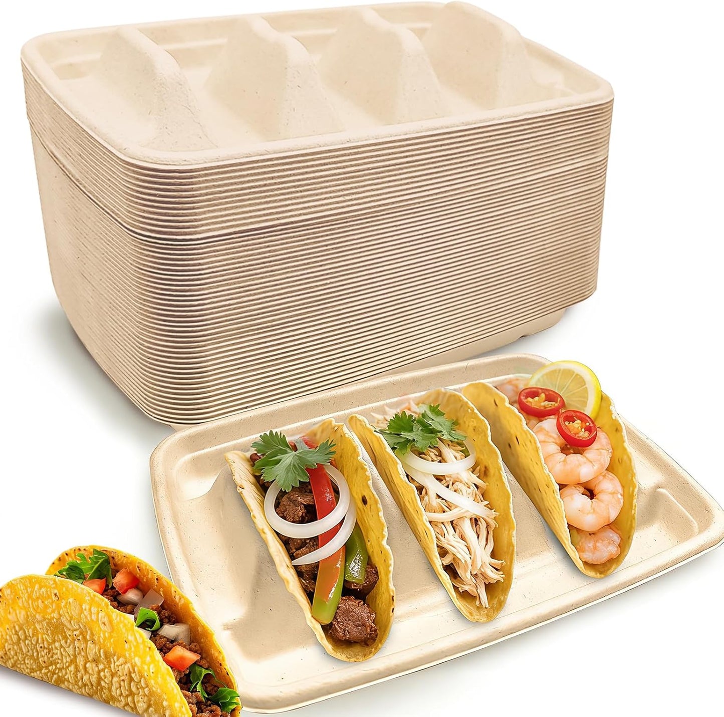 50 Pcs Disposable Taco Holders for Party, Premium Paper Taco Plates with 3 Dividers, Fiesta Taco Holder Trays Stand Rack Serving Set for Taco Tuesday Taco Bar