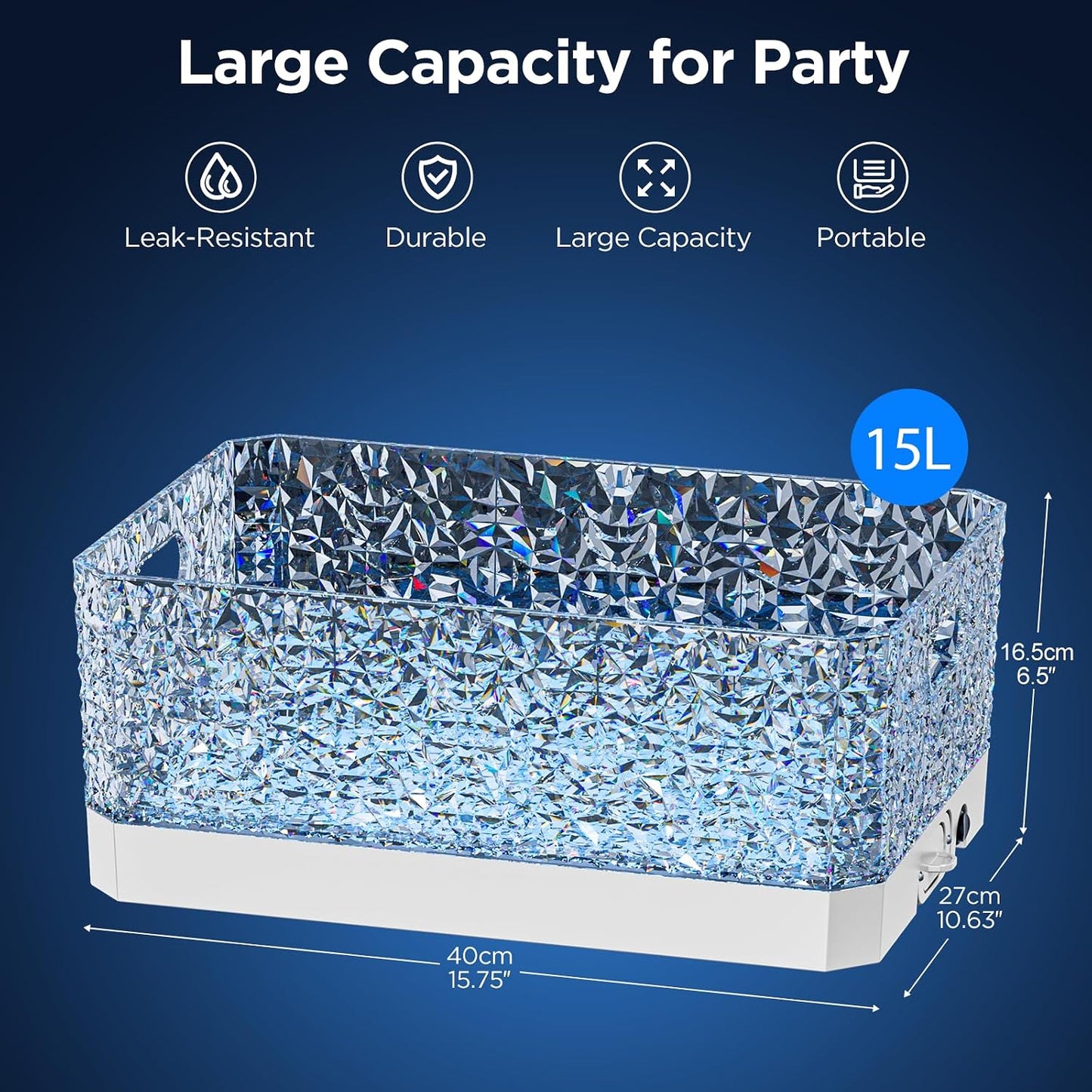 Plastic Ice Bucket for Parties, 15Liter / 4 Gallon Big Large Clear Beverage Tub for Champagne Beer Drink Wine Cocktails Bar, Hosting Party Essentials, LED Light Up, Rectangular, Leakproof