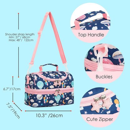 Insulated Kids Dual Compartment Lunch Bags Tote for Girls Boys Toddler School Picnic Food Cooler Thermal with Strap Lunch Boxes Blue Unicorn